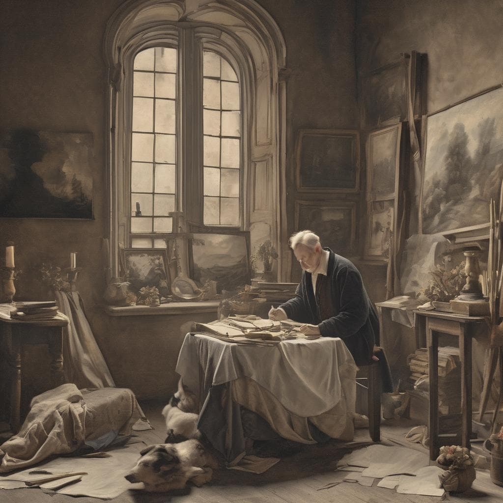 Καλλιτέχνες που άλλαξαν την πορεία της τέχνης - διάσημος ζωγράφος σε δημιουργία στο εργαστήρι με πολυάριθμα έργα και εργαλεία ζωγραφικής στο παλιό δωμάτιο.